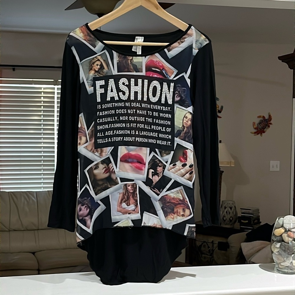 FASHION Allover Print High Low Cutout Shredded Back Long Sleeve Tee Size M